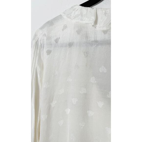 Ellis & Dewey Women's White V Neck Blouse Ruffle Neck Heart Embossed Embroidered - Picture 9 of 9